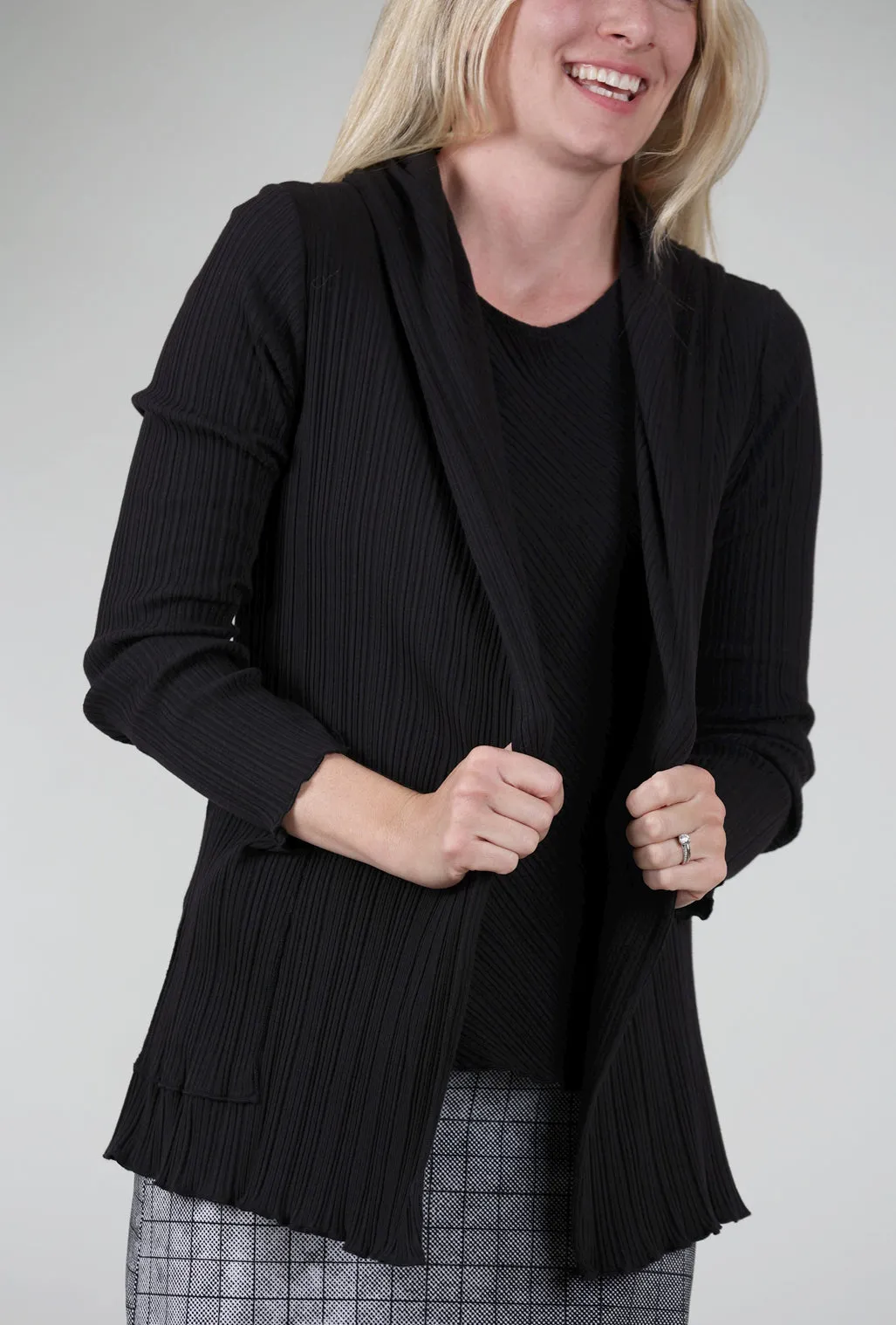 Modern Shield Micropleat Hooded Cardie, Black