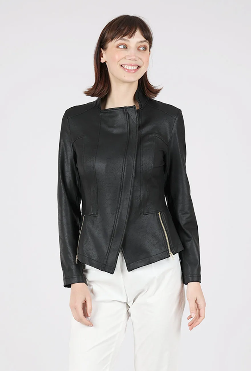 Sporty Casual Comfortable Fabric Liquid 'Leather' Knit Jacket, Black