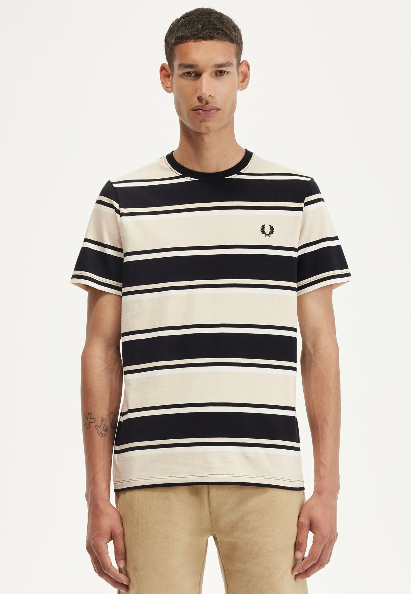 Neo - vintage - new - old Fred Perry - Bold Stripe Oatmeal/Ecru/Black - T-Shirt
