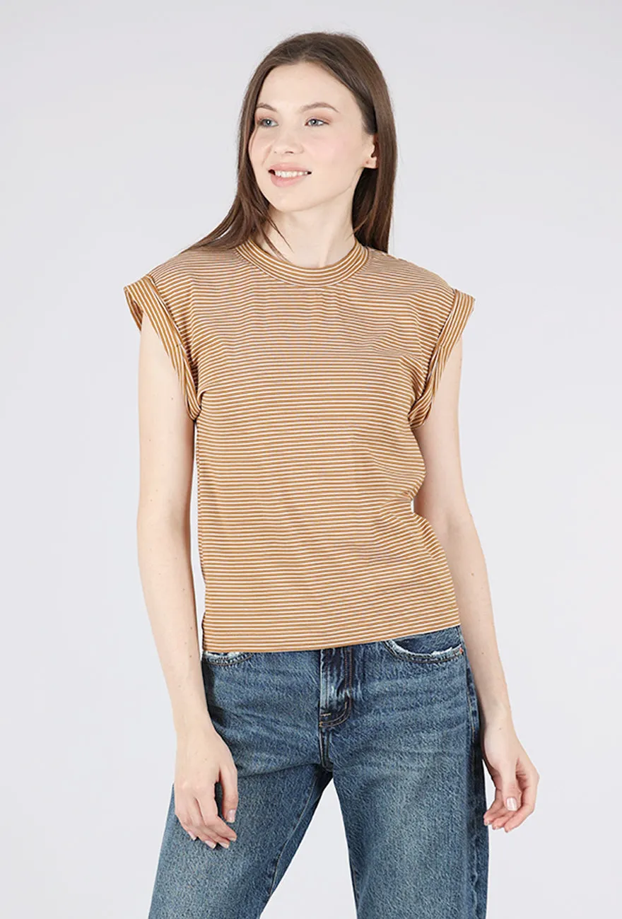 Olivia Rolled Sleeve Tee, Dark Rum Stripe Office Wear