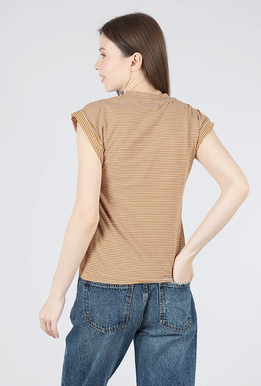 Olivia Rolled Sleeve Tee, Dark Rum Stripe Office Wear