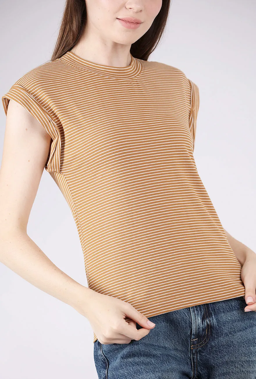 Olivia Rolled Sleeve Tee, Dark Rum Stripe Office Wear
