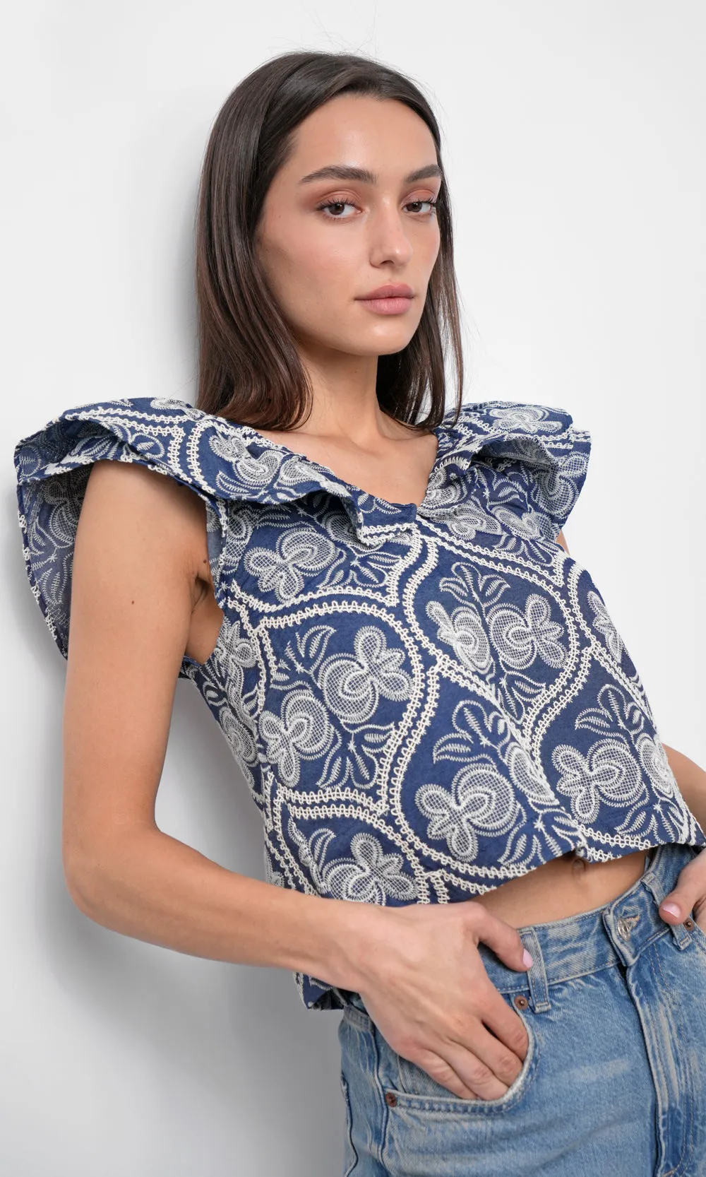 Open Back Minnie Embroidered Ruffled Top