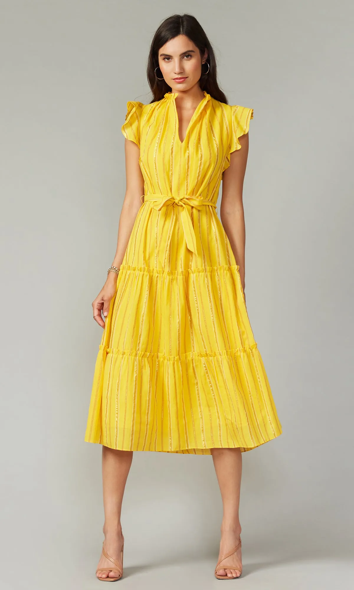 Natasha Metallic Yarn Dye Midi Dress G203D3858_YELLOW