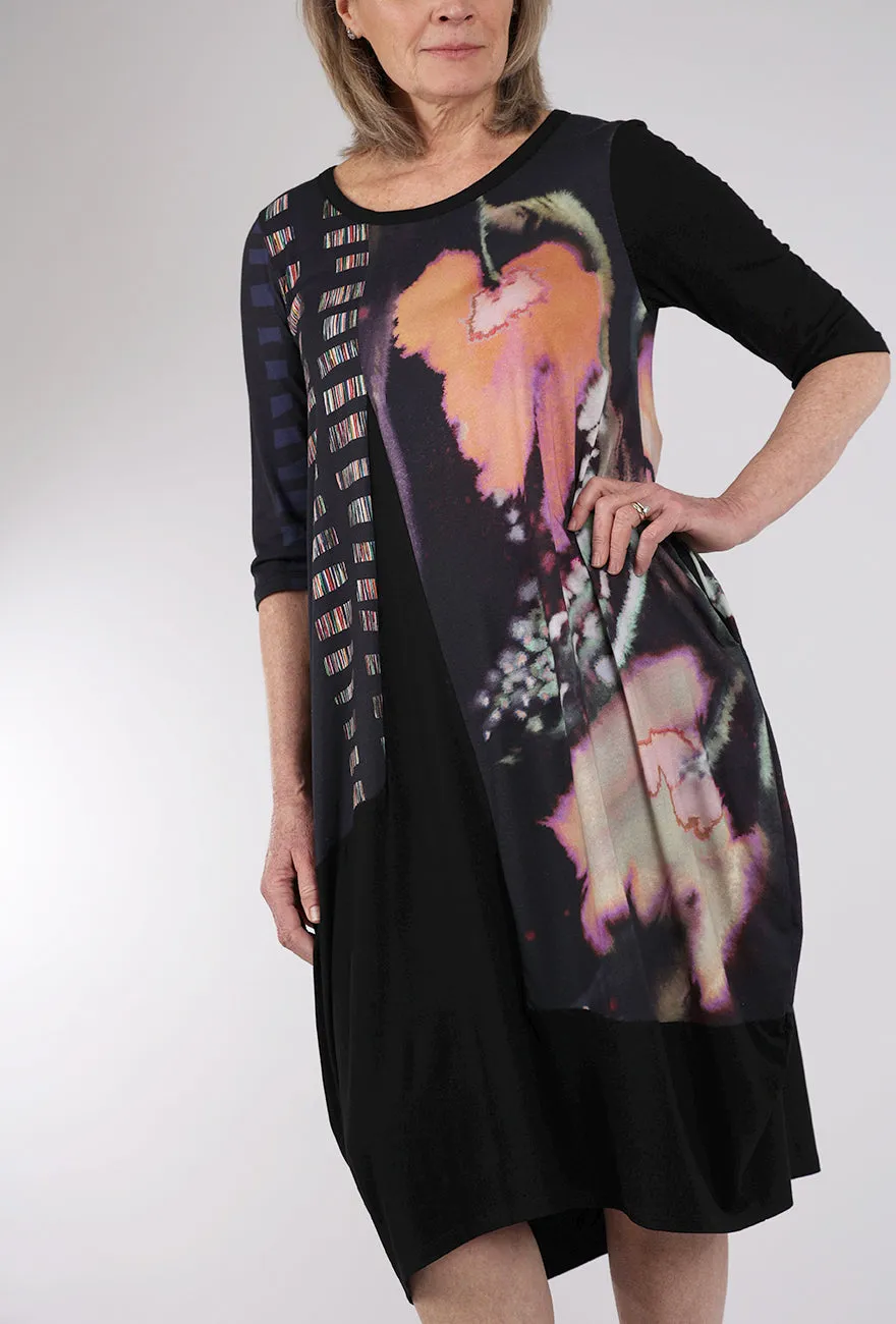 Party outfit Contrast Florals Lantern Dress, Black/Bouquet
