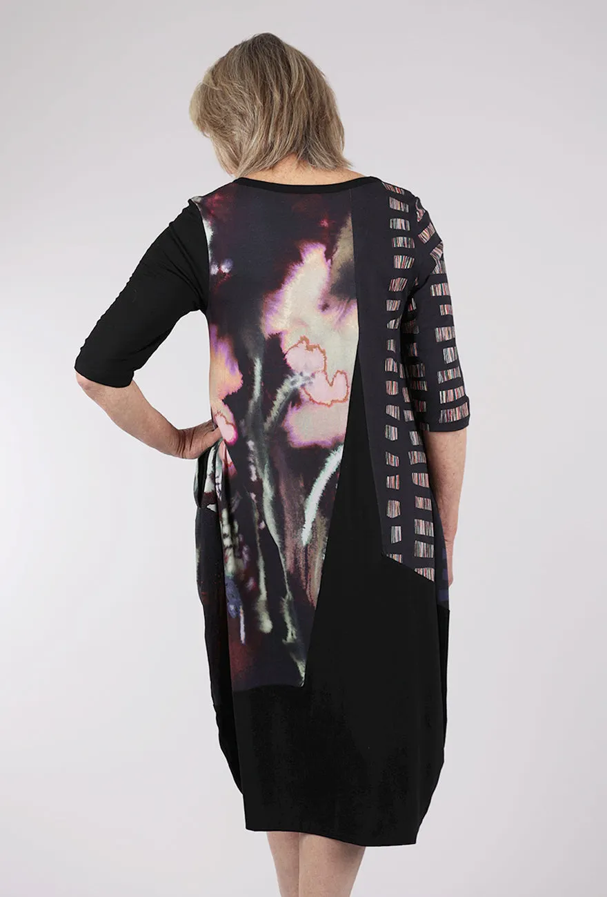 Party outfit Contrast Florals Lantern Dress, Black/Bouquet