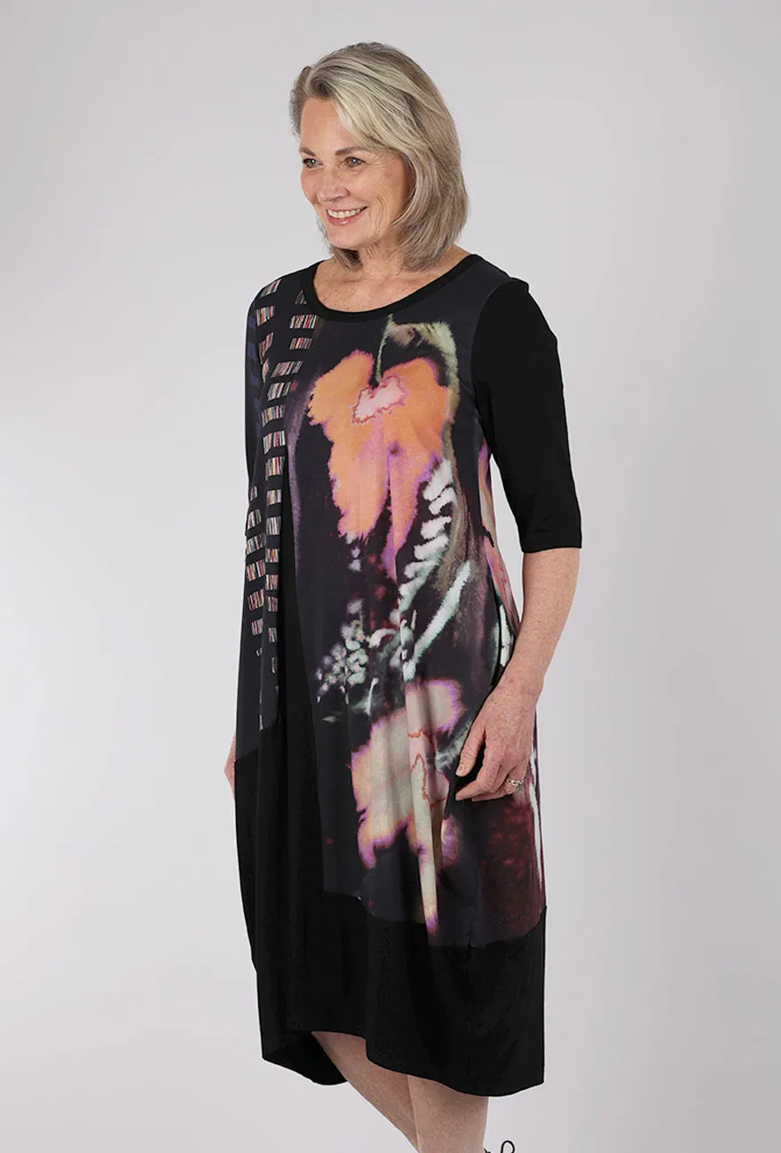 Party outfit Contrast Florals Lantern Dress, Black/Bouquet