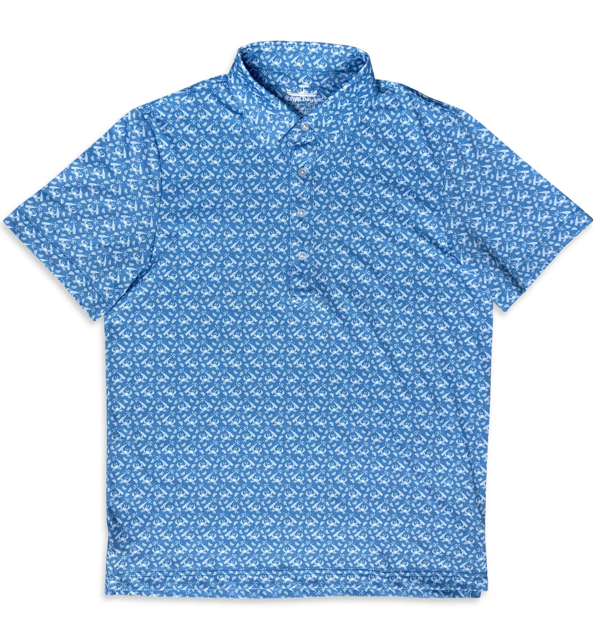Patterned Design Drunken Crab: Upcycled Club Polo - Mid-Blue