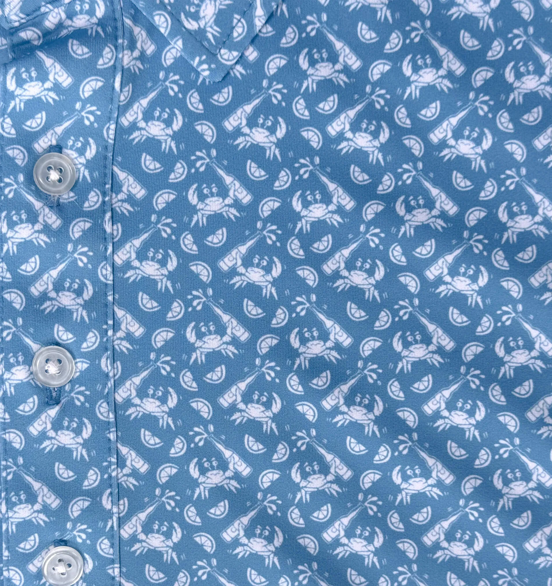 Patterned Design Drunken Crab: Upcycled Club Polo - Mid-Blue