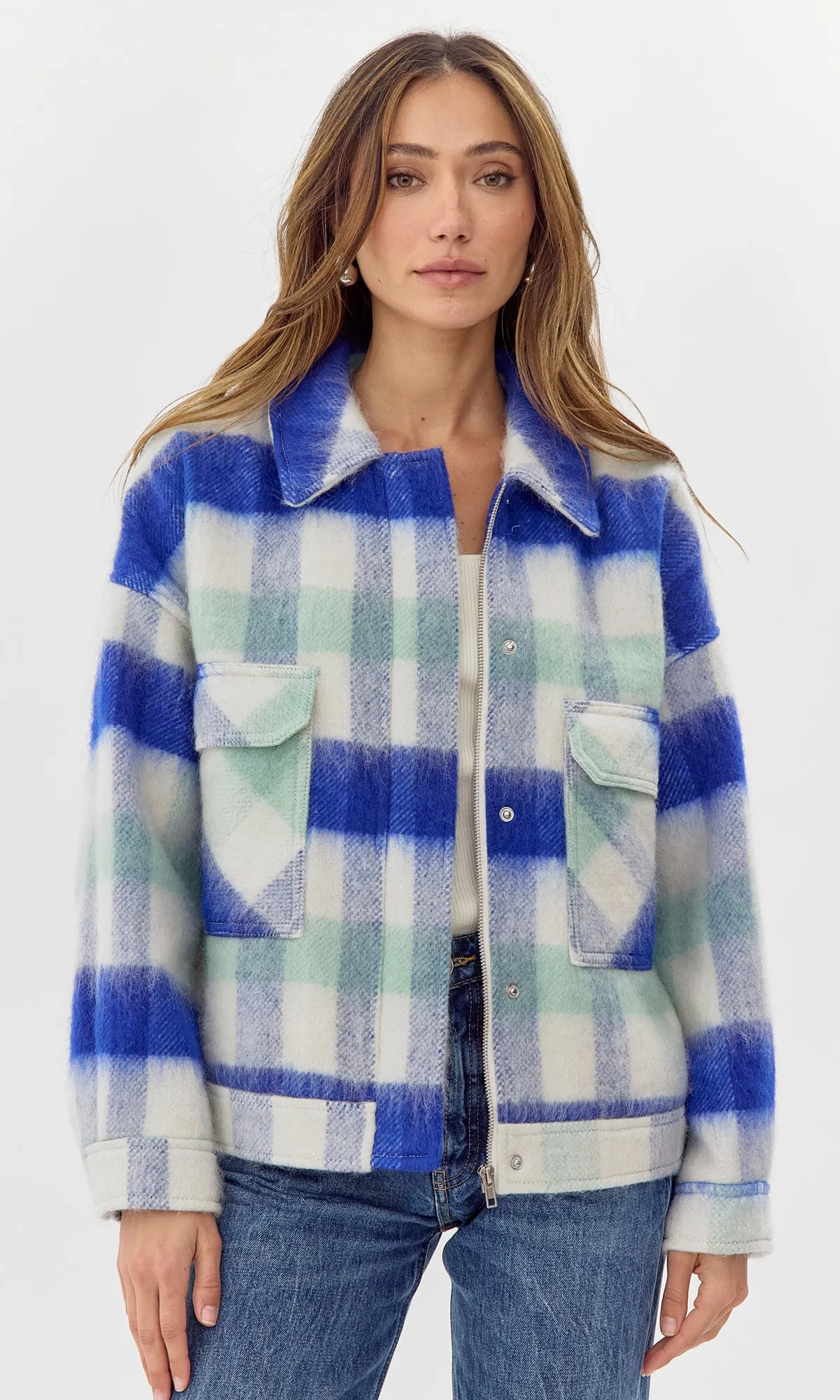 Peyton Plaid Cozy Knit Jacket snap closure
