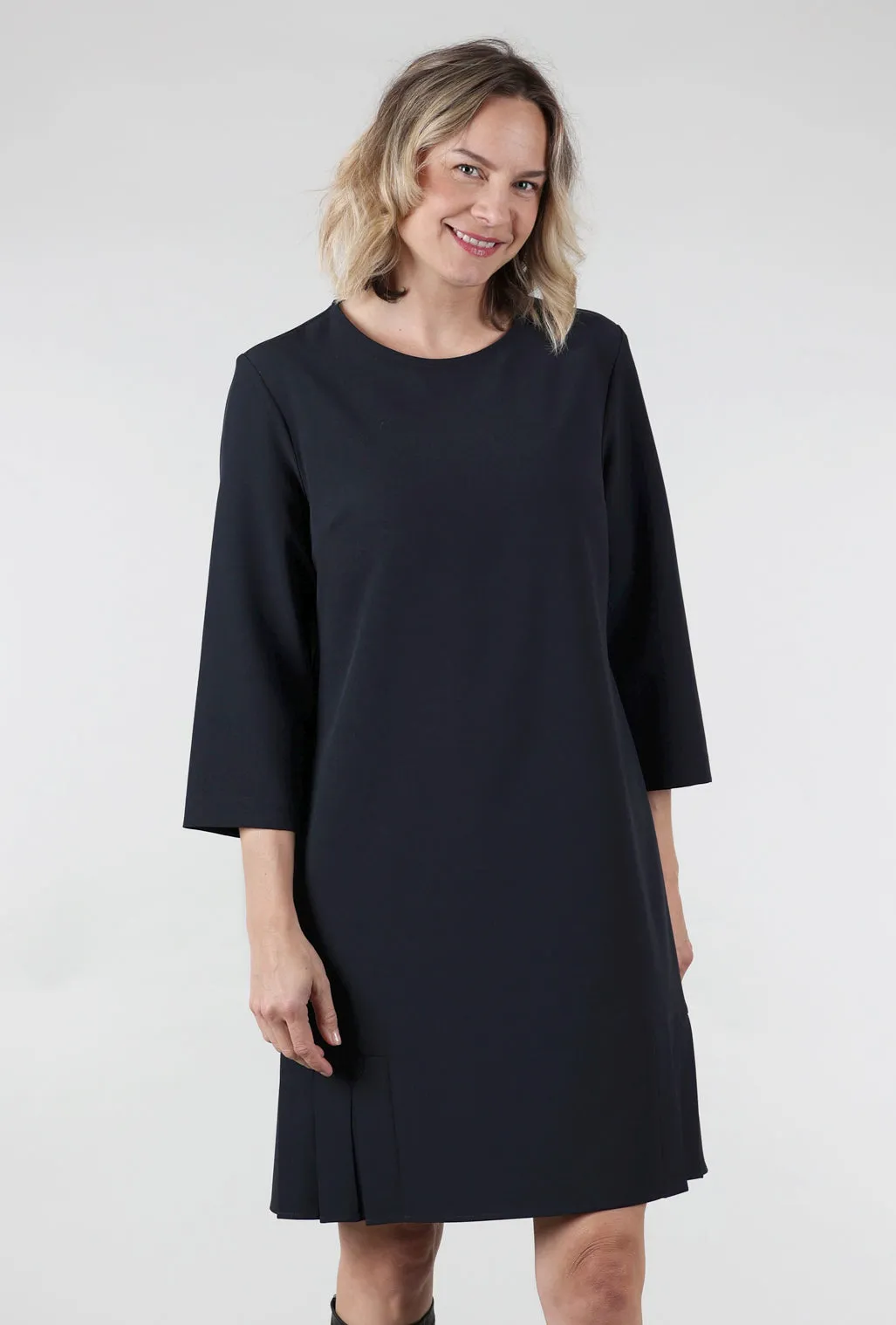 Pleated Bottom Crepe Dress, Navy Slit-Hem