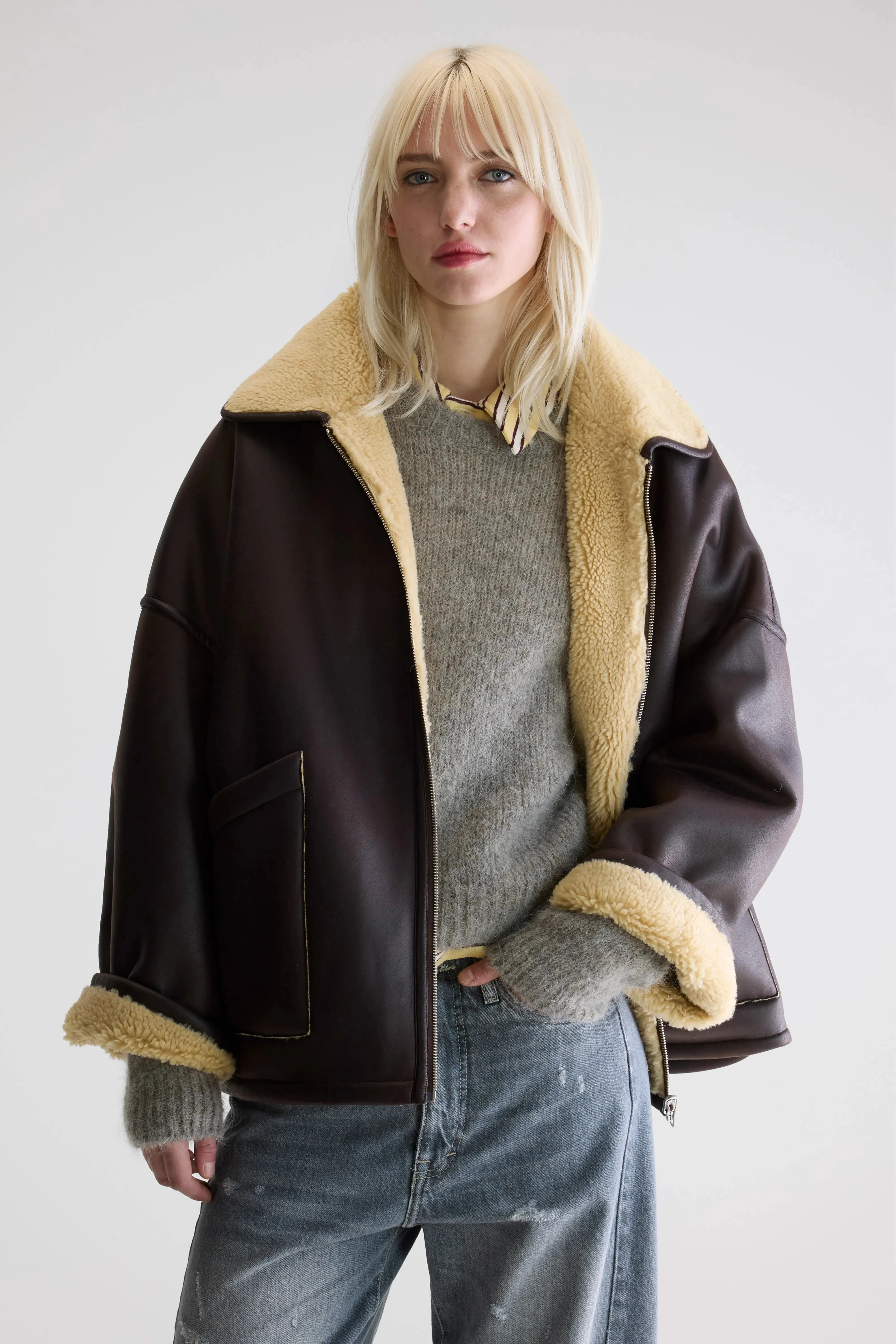 Plush Lining Hestel faux-leather jacket (252 / W / DARK ROAST)