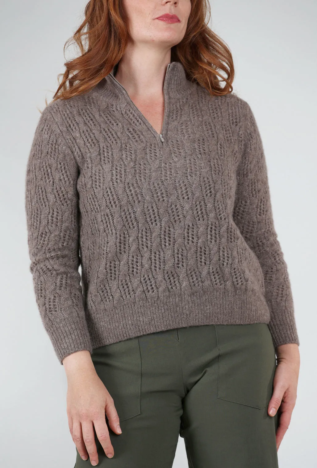 Pointelle Half-Zip Sweater, Hazelnut Jacquard Exquisite