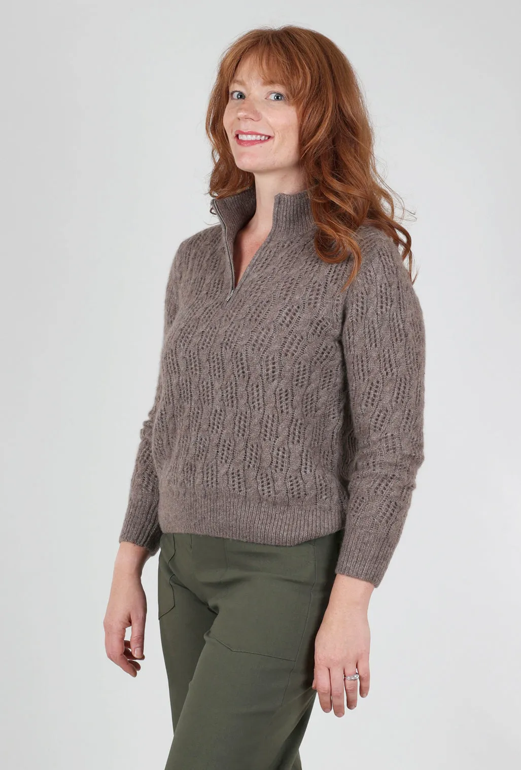 Pointelle Half-Zip Sweater, Hazelnut Jacquard Exquisite