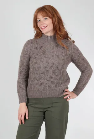 Pointelle Half-Zip Sweater, Hazelnut Wool blend pullover Bold sweater pattern