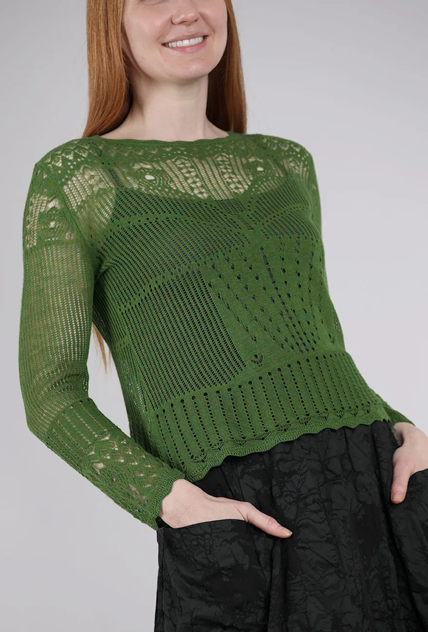 Pointelle Lace Sweater, Green Turn-down Collar
