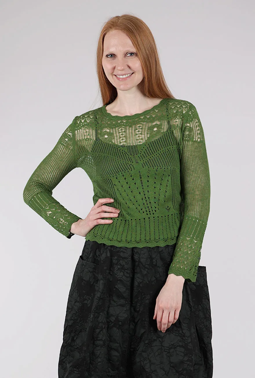 Versatile all-weather knit Light wool sweater Pointelle Lace Sweater, Green