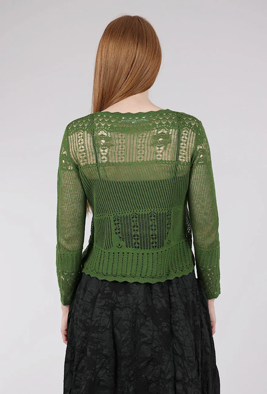 Pointelle Lace Sweater, Green Turn-down Collar