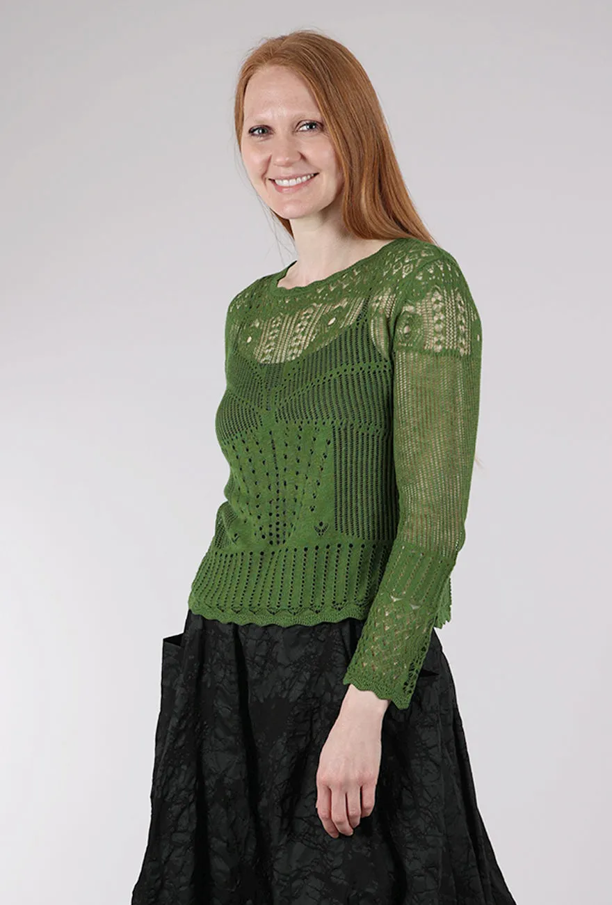 Pointelle Lace Sweater, Green Turn-down Collar