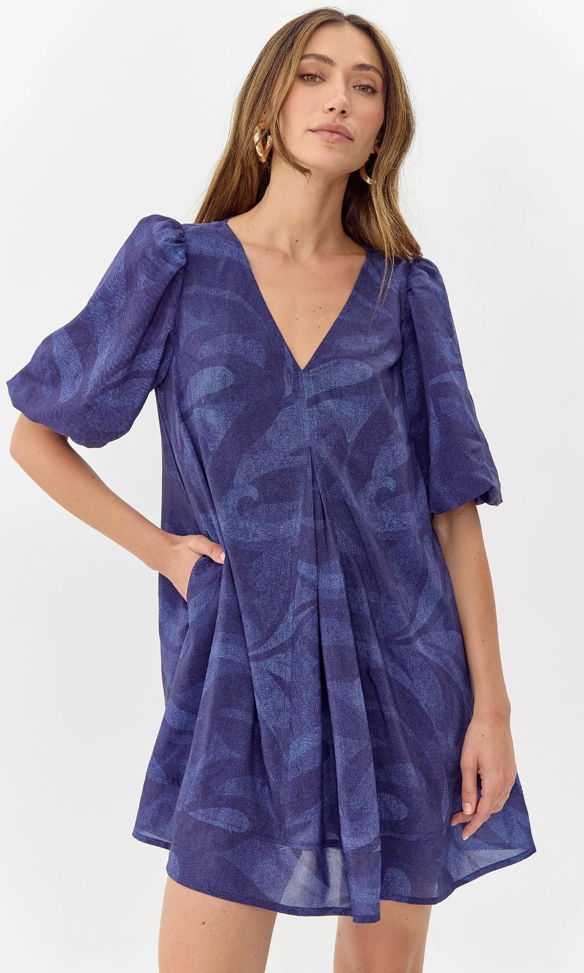 Polly Printed Puff Sleeve Mini Dress Pleated Look
