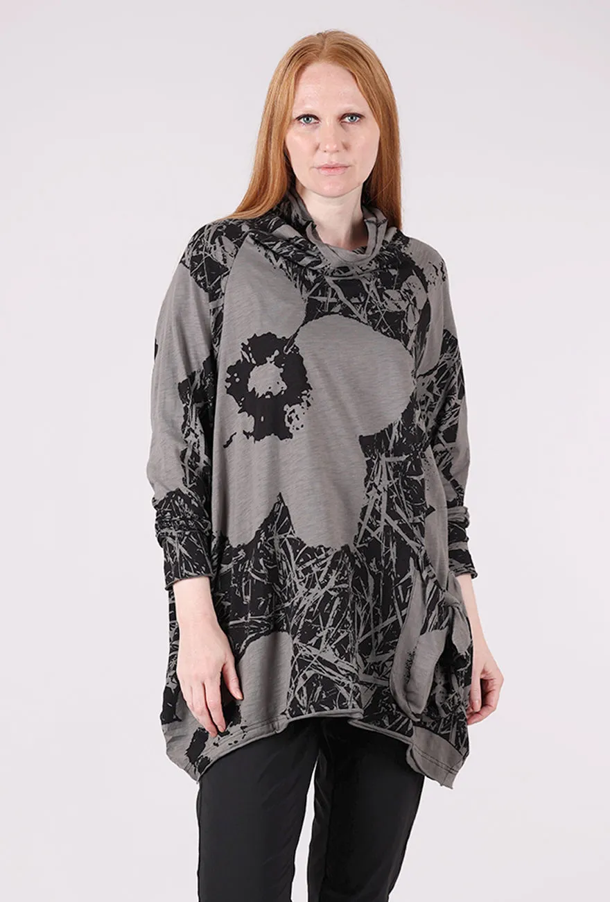 slimming style slouchy collar Print Funnel Swing Tee, Black Print