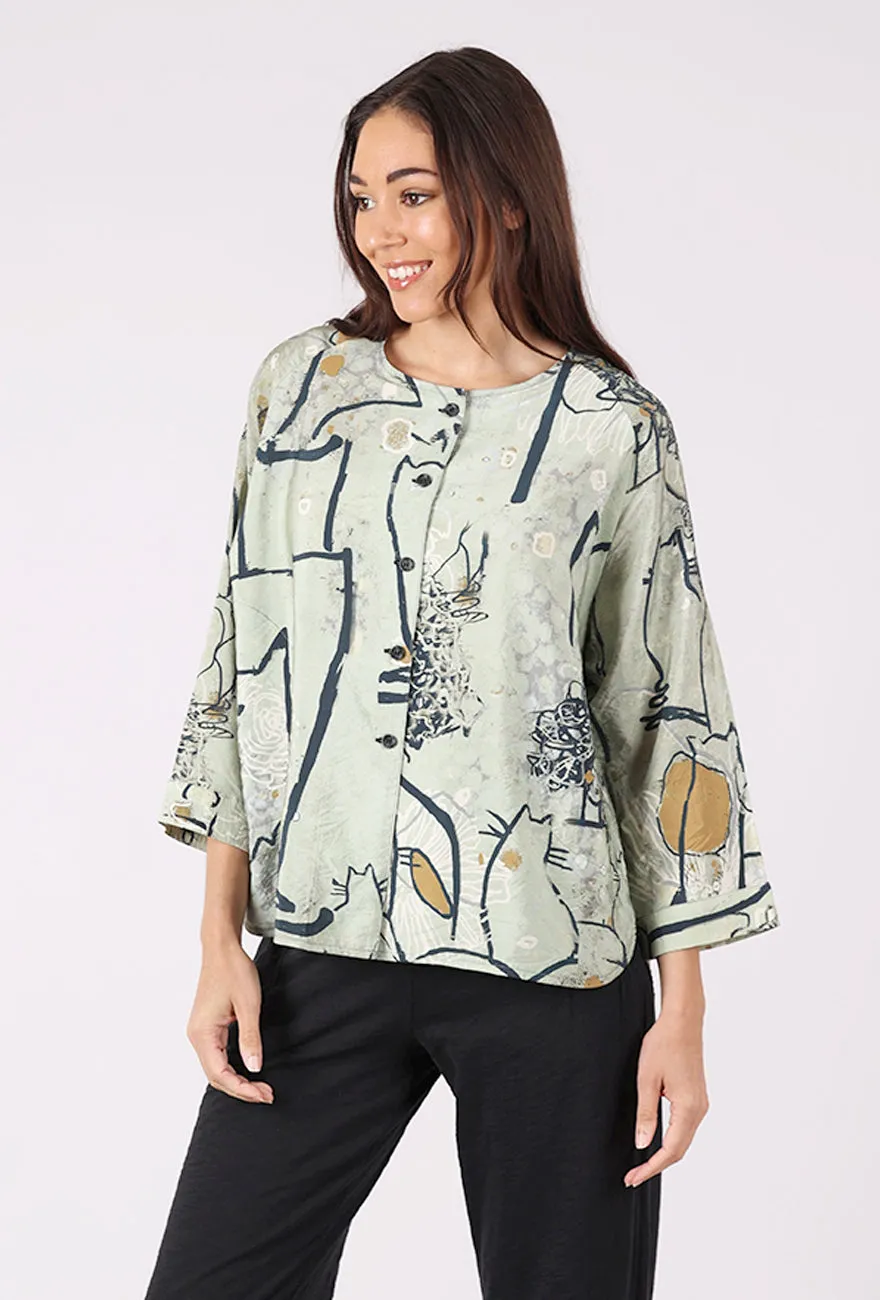 Printed Art Rounded Neck Pocket Top, Sage/Camel
