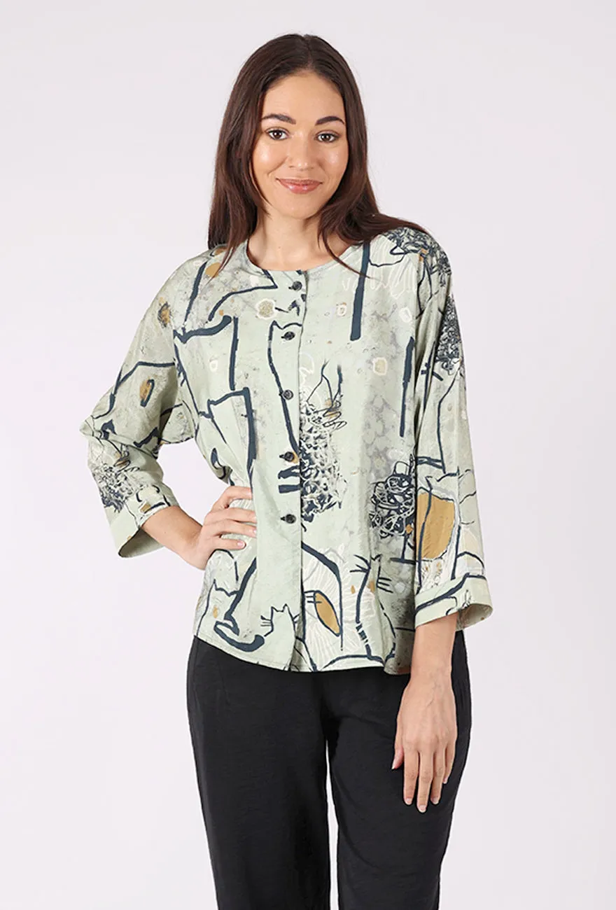 Rounded Neck Pocket Top, Sage/Camel Cozy Feel
