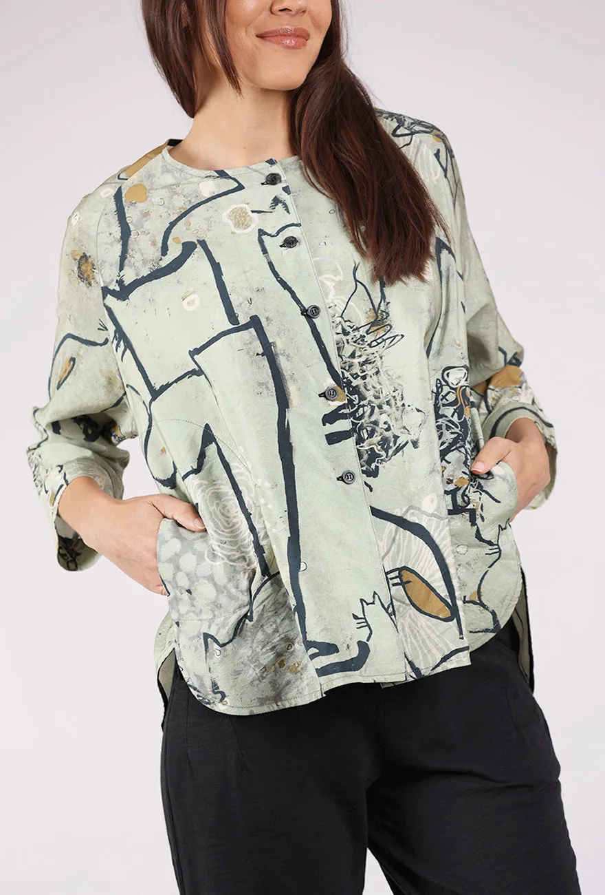 Printed Art Rounded Neck Pocket Top, Sage/Camel