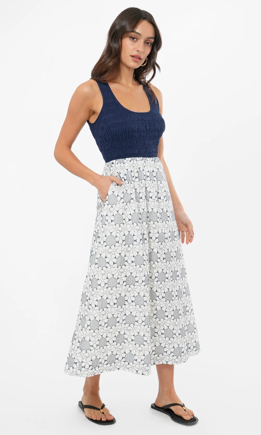 Faye Smocked Sleeveless Embroidered Midi Dress - G256D6394