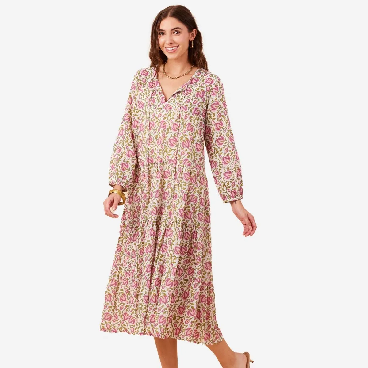 Puff Sleeve Scarlet Pink Long Tiered Cotton Dress