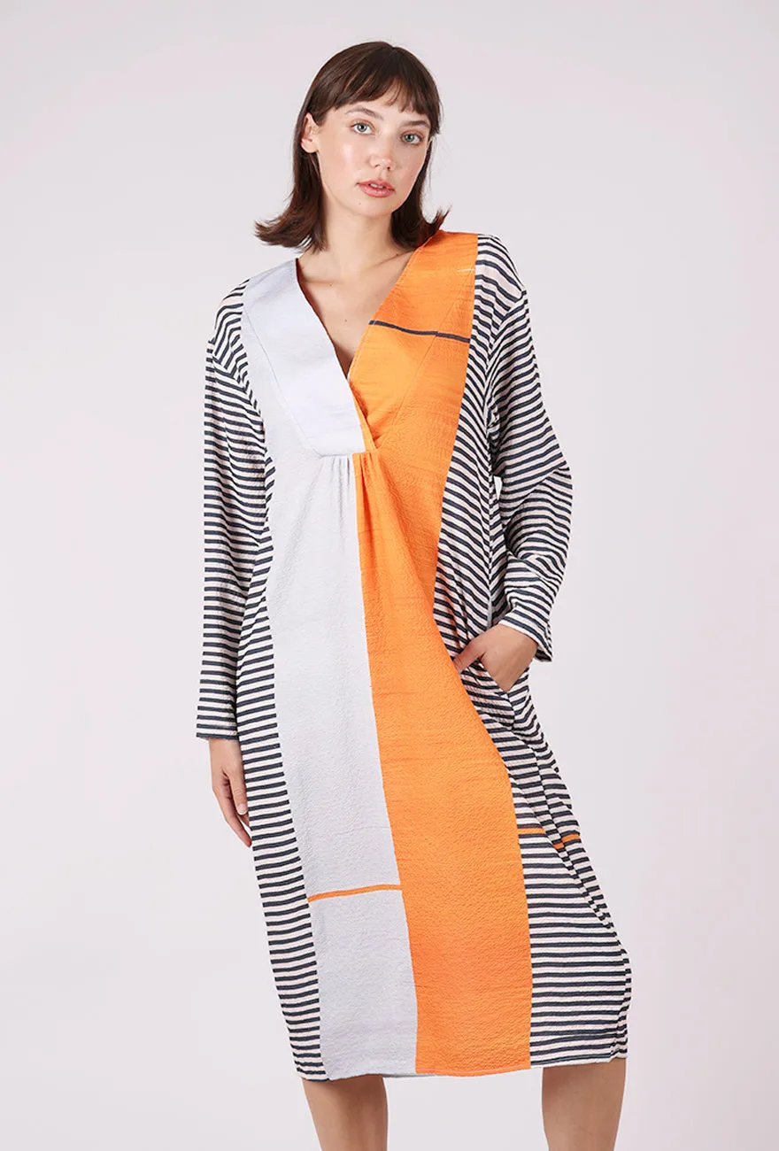 Lace Detail Night Style Geometric Print Dress, Orange Multi