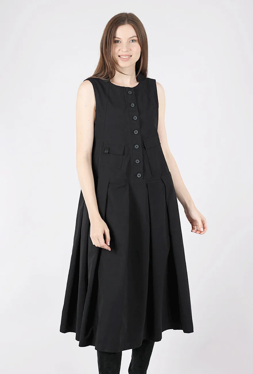 Twill Button-Front Dress, Black Airy Weave Vacation Vibe
