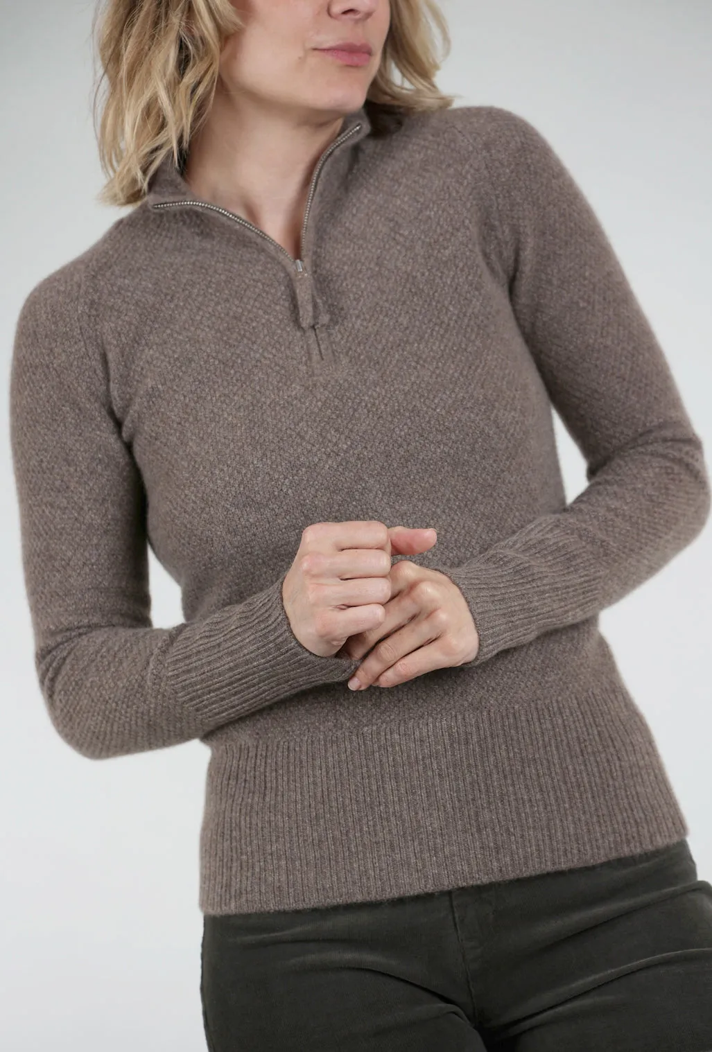 Rabbit Hair Quarter Zip Thermal Cashmere Sweater, Bark