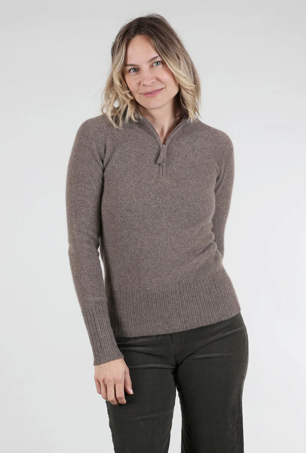 Quarter Zip Thermal Cashmere Sweater, Bark Fashionable textured knit Soft and stylish sweater