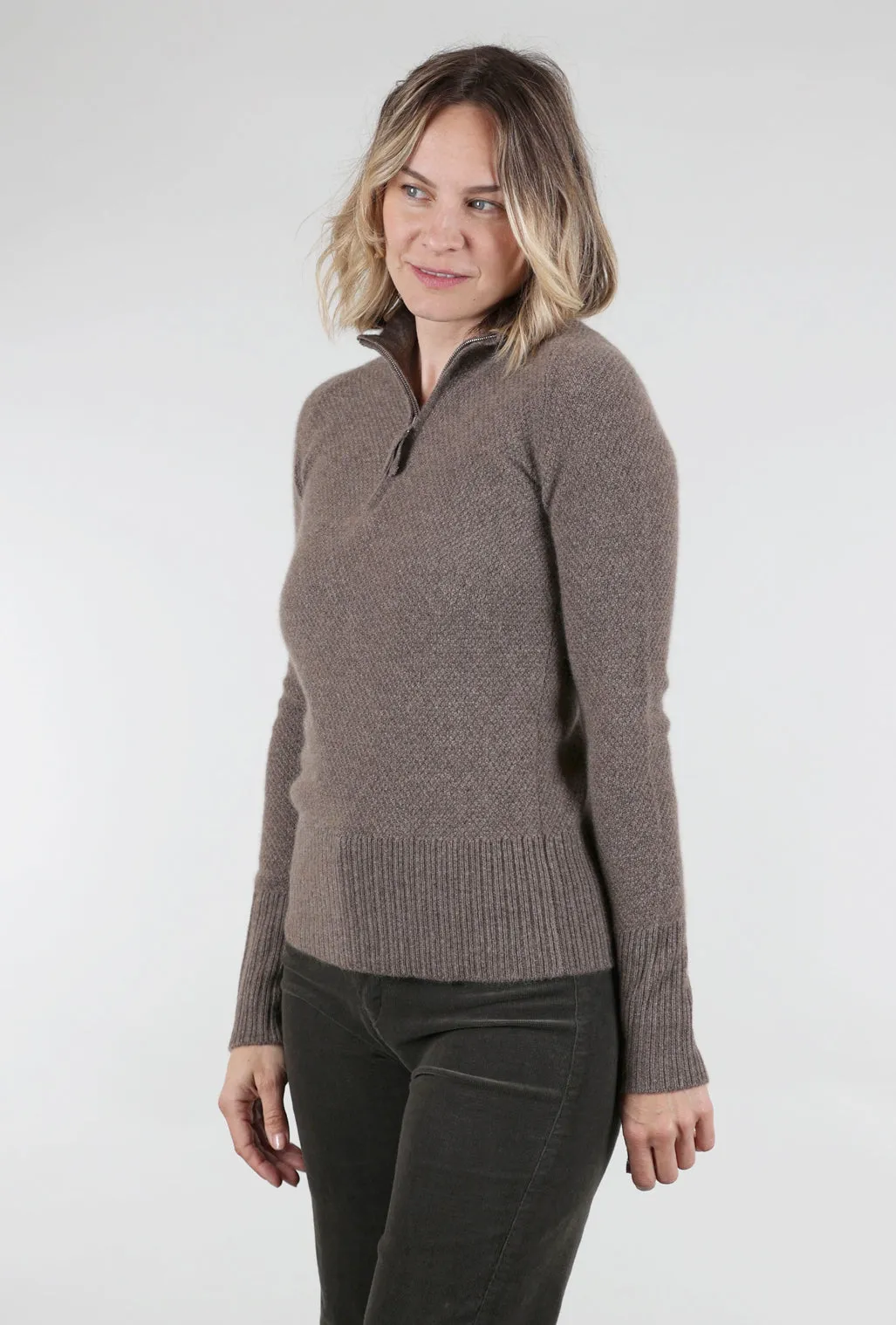 Rabbit Hair Quarter Zip Thermal Cashmere Sweater, Bark