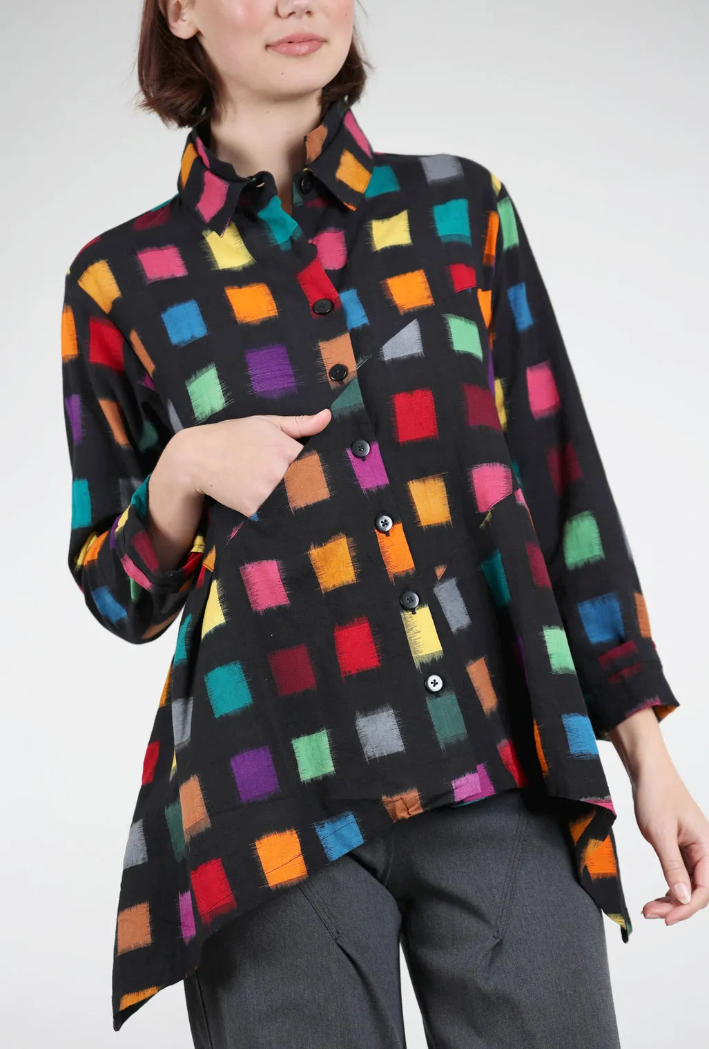 Raglan Sleeve Double-Collar Sharp Shirt, Black/Multi