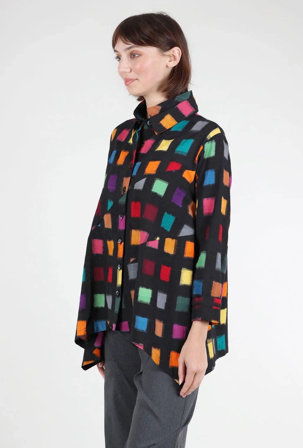 Raglan Sleeve Double-Collar Sharp Shirt, Black/Multi