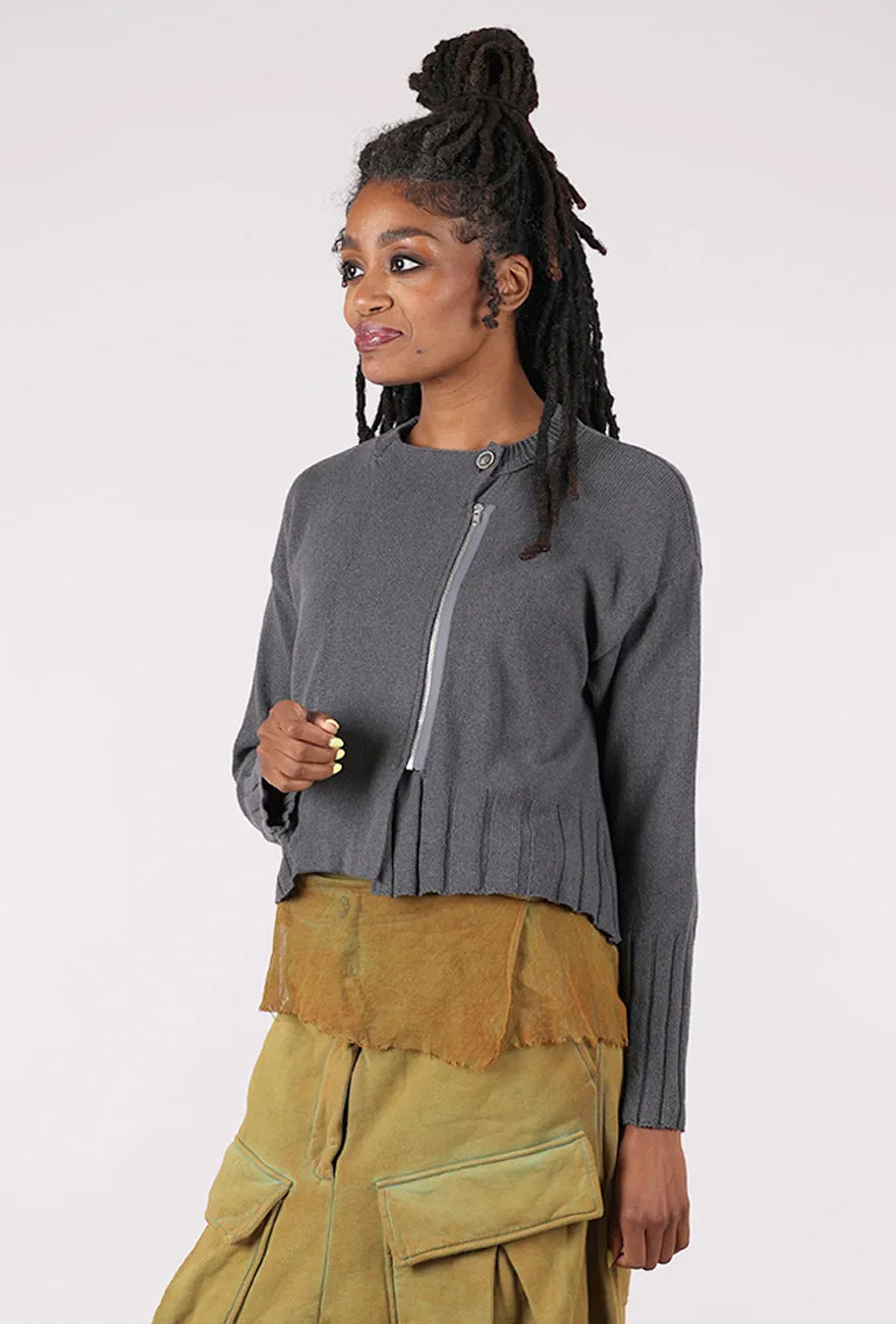 Rib Trim Side Zip Sweater, Gray Frayed Design
