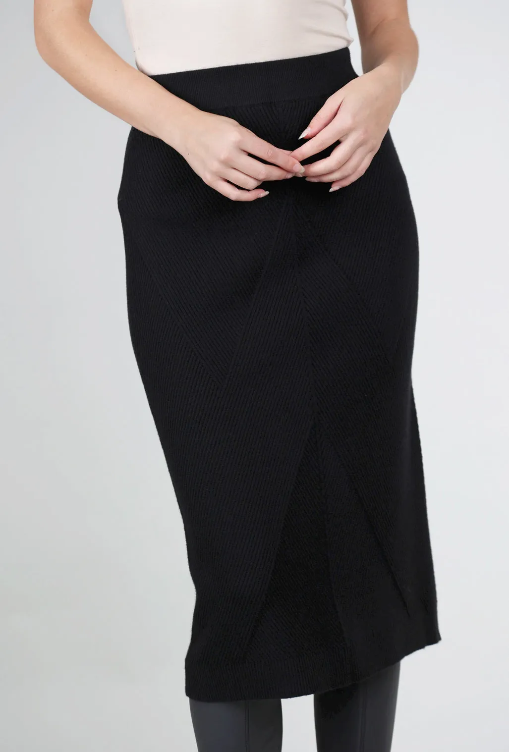 Ribbed Slim Pencil Skirt, Black Panel Design