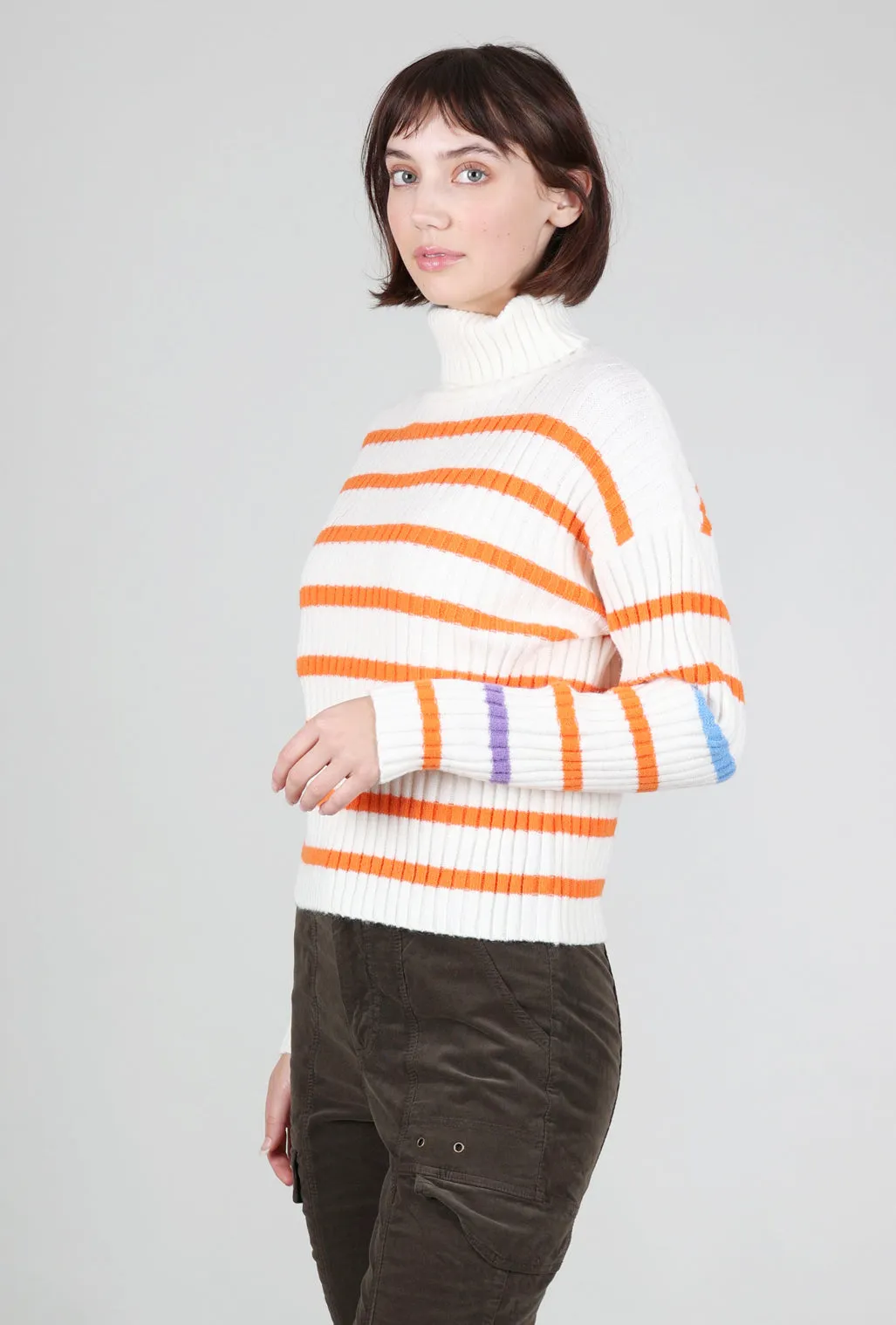 Ribbed Stripe Tneck Sweater, Cream/Fire 9/10 Sleeve