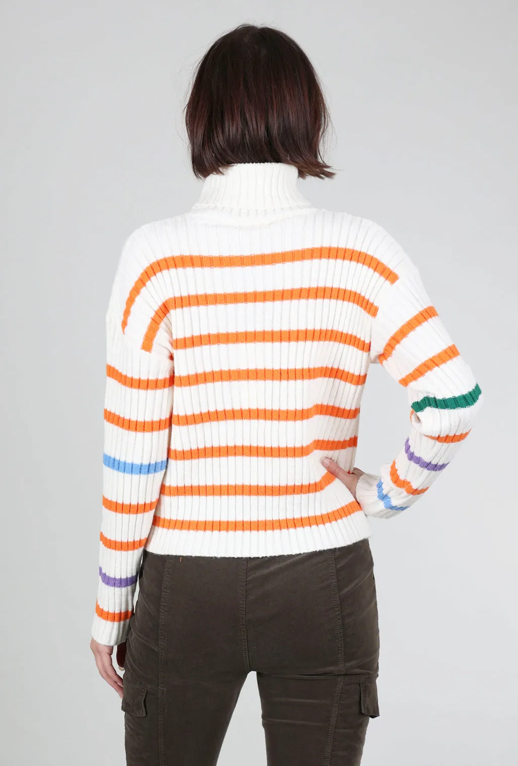 Ribbed Stripe Tneck Sweater, Cream/Fire 9/10 Sleeve