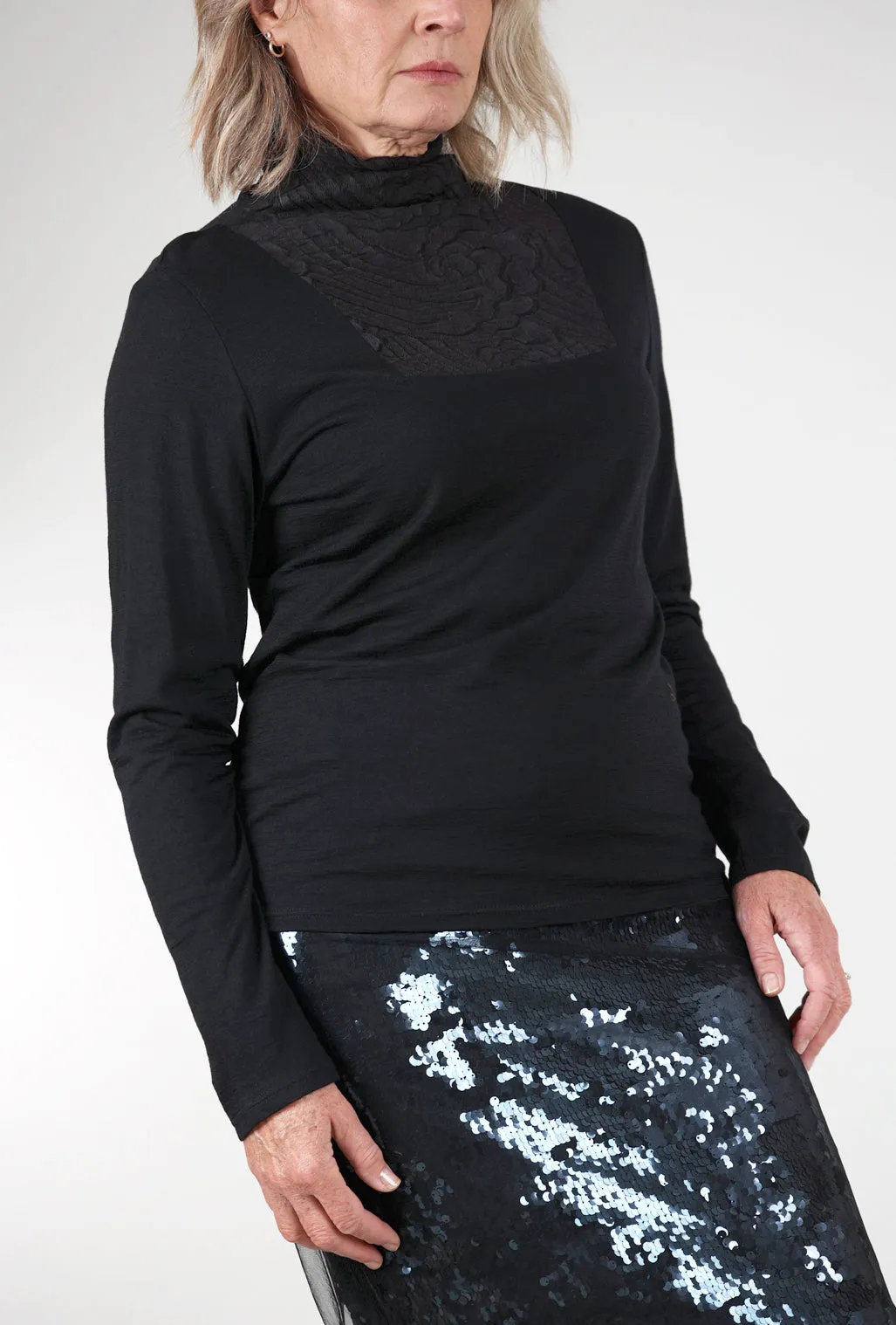 Riverbed Inset Tneck Sweater, Black Snug feel