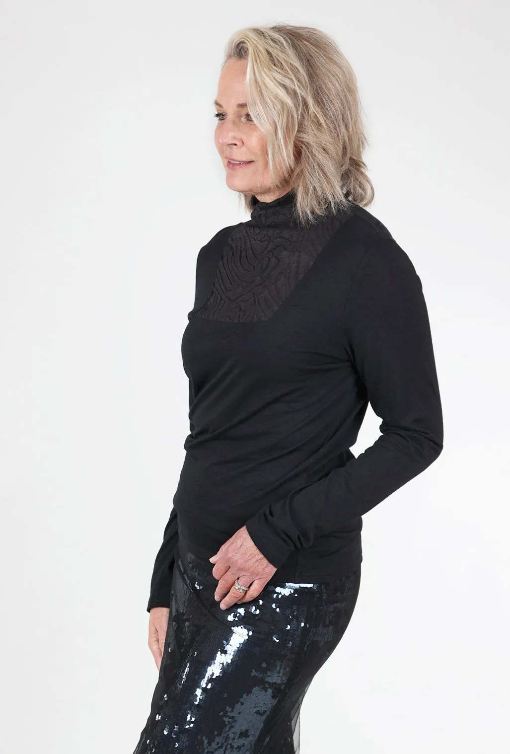 Riverbed Inset Tneck Sweater, Black Snug feel