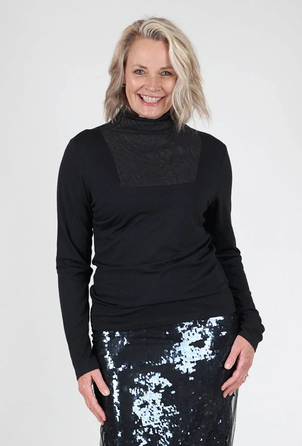 pocketed style Riverbed Inset Tneck Sweater, Black