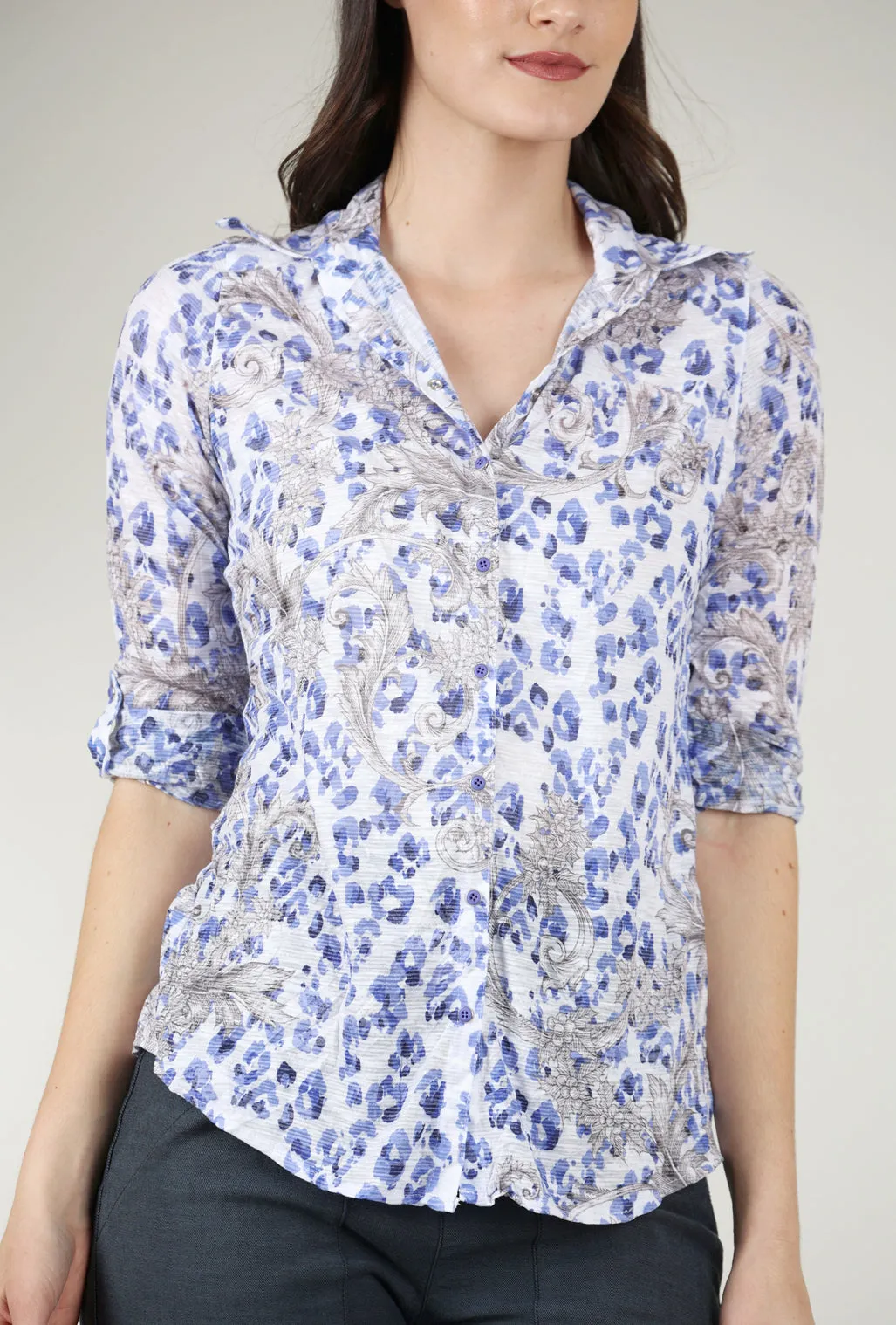 Roll-Up Sleeve Crinkle Shirt, Ice Print Side slits