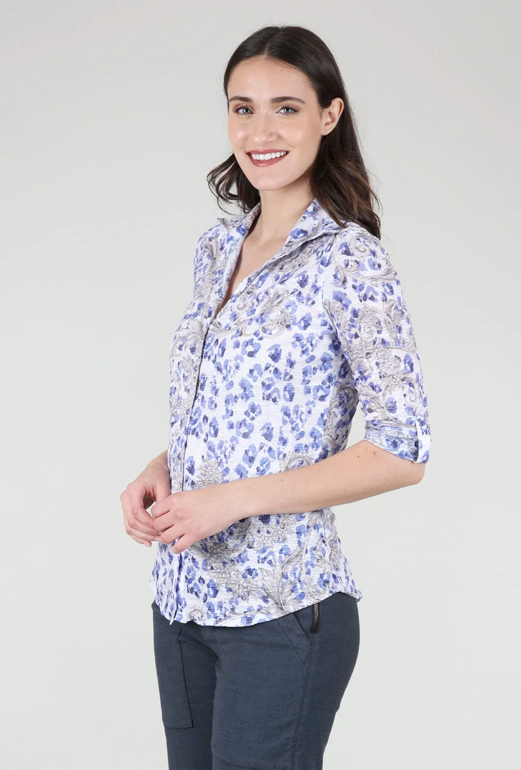 Roll-Up Sleeve Crinkle Shirt, Ice Print Side slits