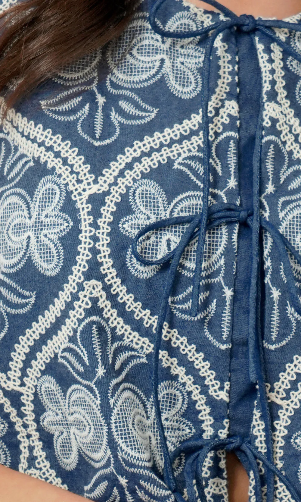 Romy Embroidered Tie Front Shell Top Day-to-Night