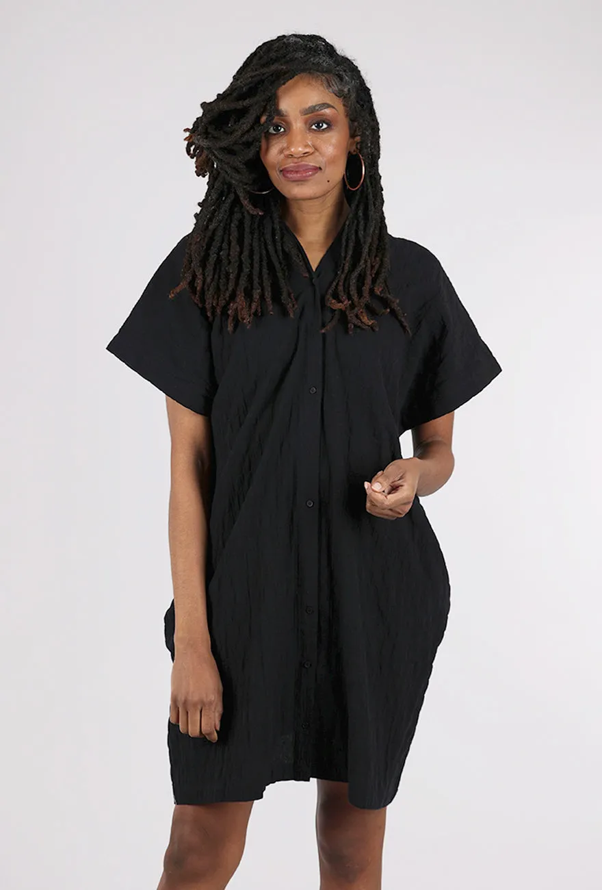 Lace Accent Button-Down Boxy Dress, Black