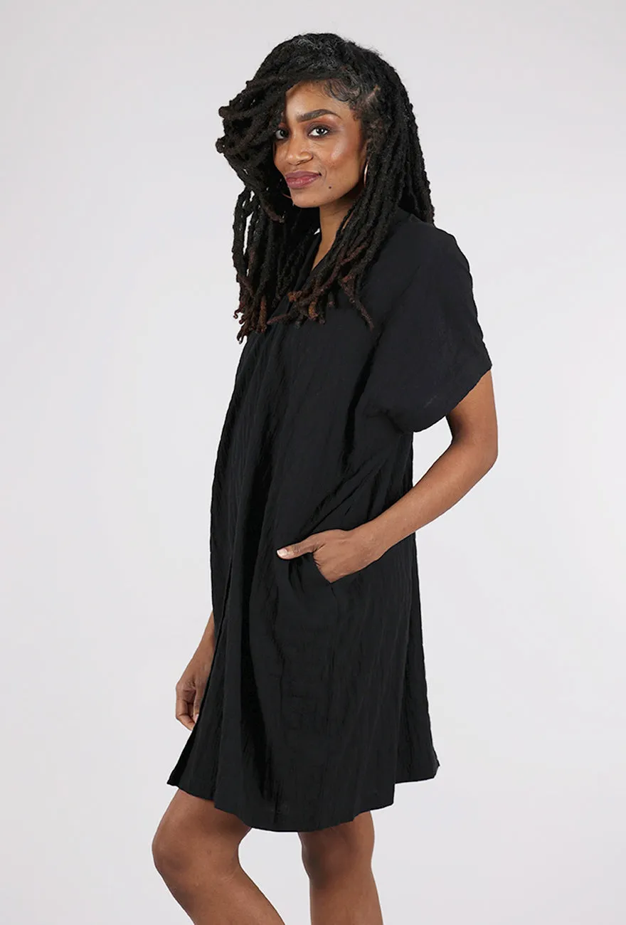 ruffled hem Button-Down Boxy Dress, Black