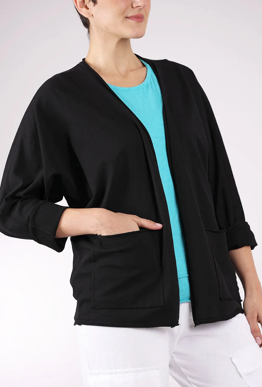 Sharp Appeal French Terry Kimono Sleeve Cardie, Black